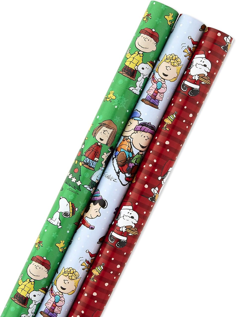 Christmas Peanuts Wrapping Paper with Cut Lines on Reverse (Pack of 3, 105 sq. ft. ttl) Snoopy, Charlie Brown, Woodstock (5JXW1036)